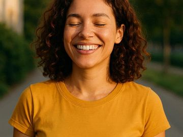 A woman with curly hair smiles with eyes closed, wearing a yellow shirt outdoors.