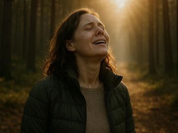A woman in a jacket stands in a forest, eyes closed, bathed in warm sunlight.
