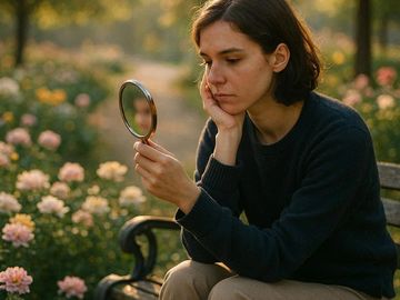 A woman sitting on a bench, looking thoughtfully into a handheld mirror in a flower garden.