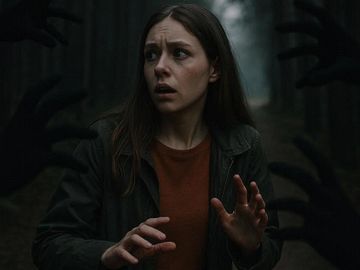 A frightened woman in a dark forest with shadowy hands approaching.