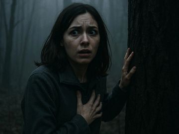 A frightened woman clutching a tree in a dark, foggy forest.