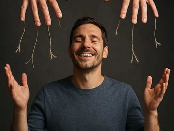Man smiling with strings hanging above his hands like a puppet master.