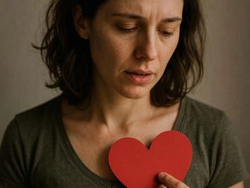 A woman holding a red paper heart, looking down sadly.