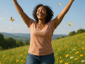 Joyful woman with raised arms in a sunny wildflower field with butterflies.