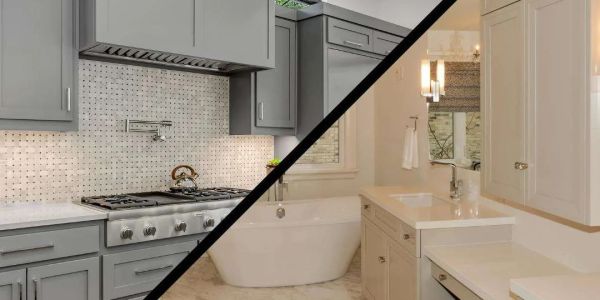Split image of a modern kitchen and bathroom.