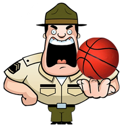 Cartoon military sergeant holding a basketball with an intense expression.