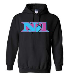 Black hoodie with a blue and pink stylized "NI" logo on the chest.