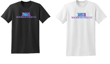 Two basketball-themed T-shirts, one black and one white, with colorful text.