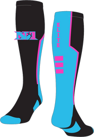 Two stylish knee-high socks in black and blue with pink accents and text.