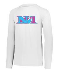 White long-sleeve shirt with blue and pink stylized NY logo on front.