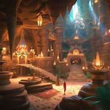 Magical underground cavern with glowing lights and a lone figure.
