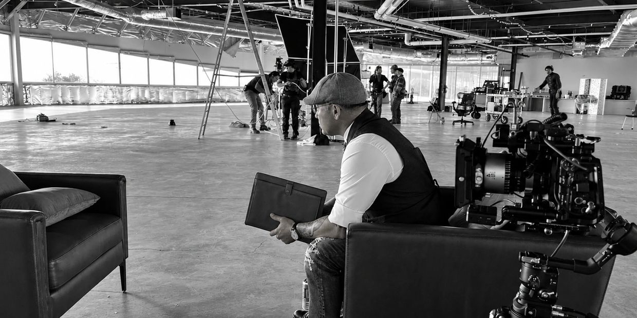 Man holding a folder in a film studio with camera equipment.