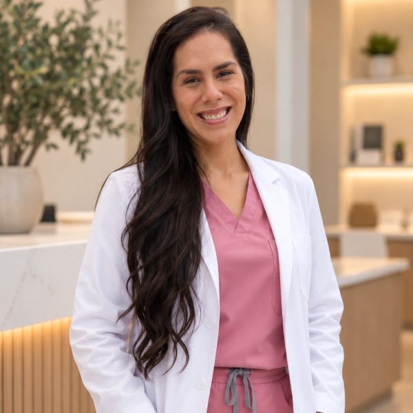 Smiling female healthcare professional in a white coat and pink scrubs.
