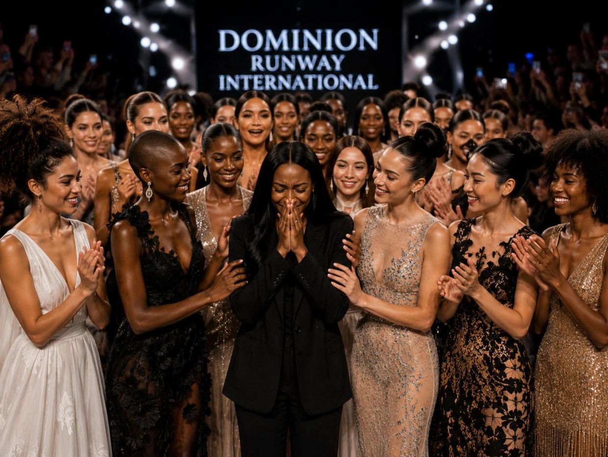 Models celebrate a designer at Dominion Runway International fashion show.