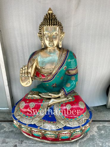 brass large size buddha statue with stone special work on it 
