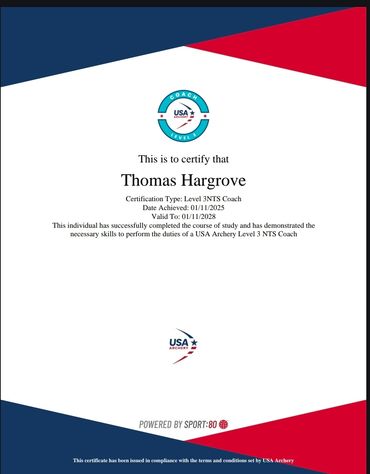 Certificate for Thomas Hargrove as USA Archery Level 3 NTS Coach.