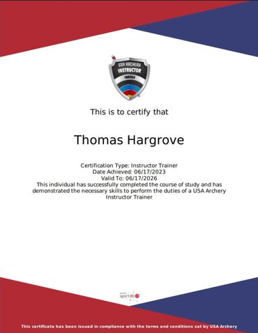 Certificate for Thomas Hargrove as USA Archery Instructor Trainer.