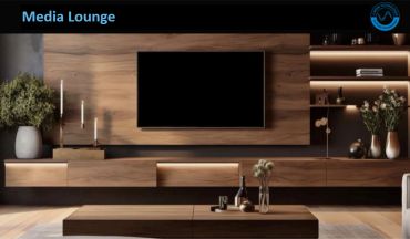 Modern media lounge with wooden finishes and a wall-mounted TV.