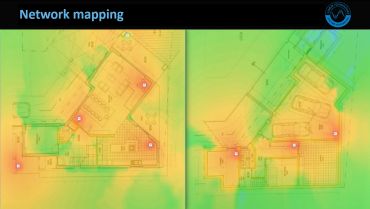 Heatmap showing Wi-Fi coverage on a floor plan for network mapping.