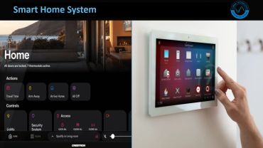 Smart home control interface with touchscreen panel.