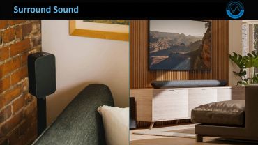 Modern surround sound system in a cozy living room.