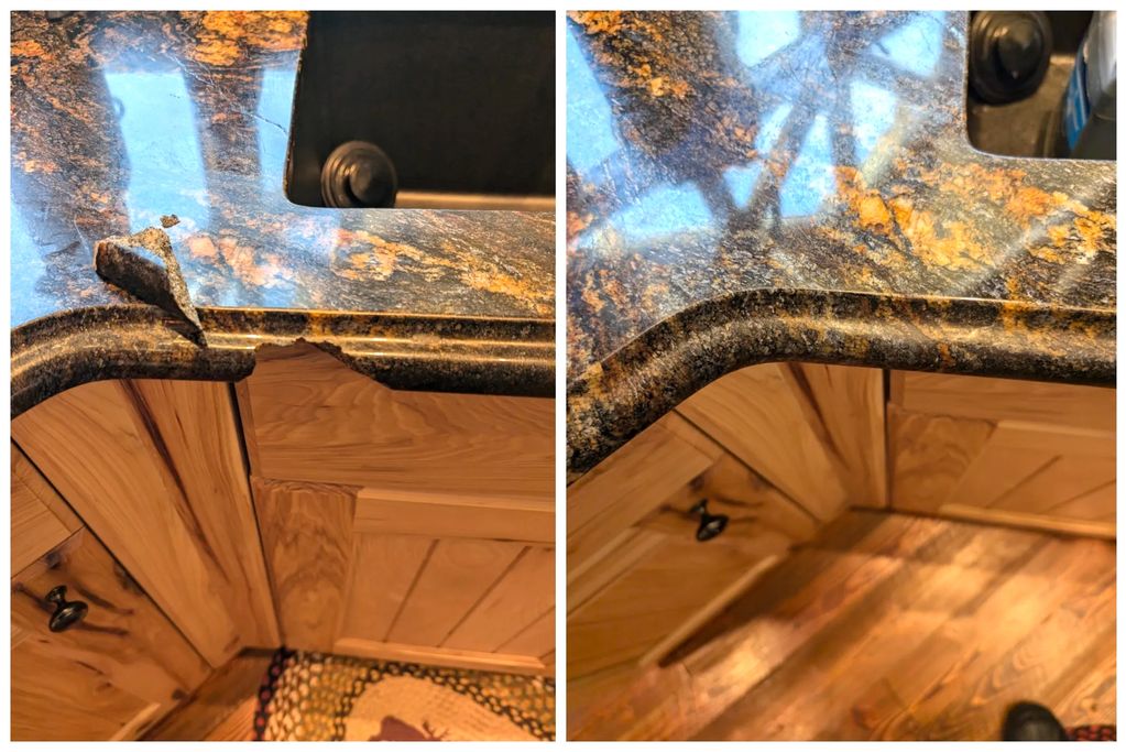 Before and after photos of a repaired granite countertop corner.