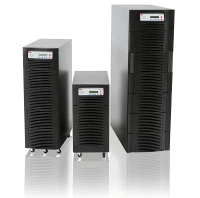 Three black UPS units of different sizes.