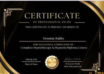 Certificate for Dominie Baldry in Hypnotherapy & Hypnosis.