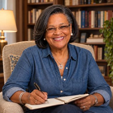 Woman smiling while writing in a notebook.