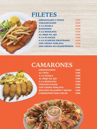Menu featuring various fish fillets and shrimp dishes with prices in pesos.
