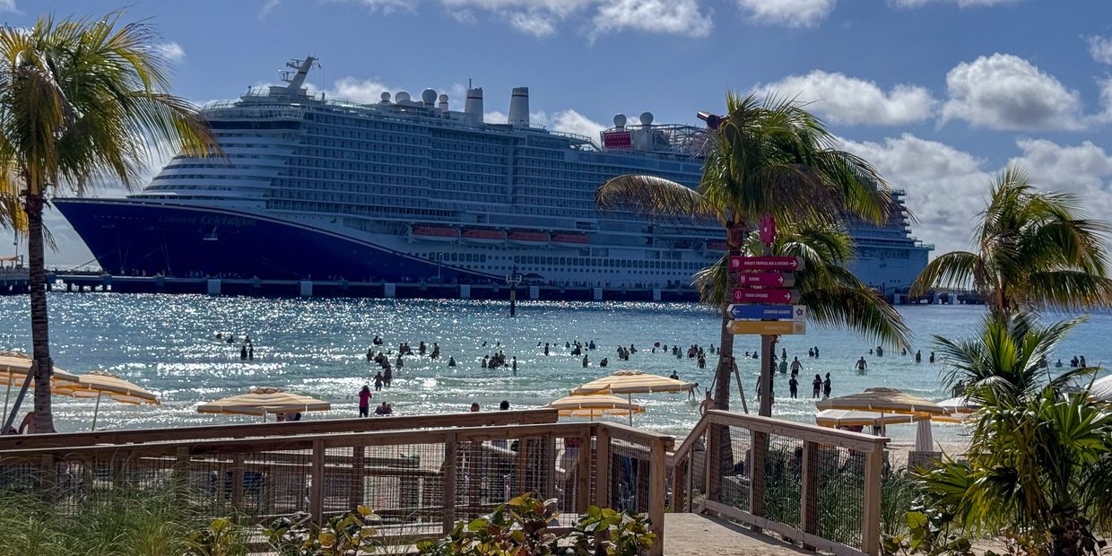 A cruise ship near a sunny beach with people swimming and palm trees.