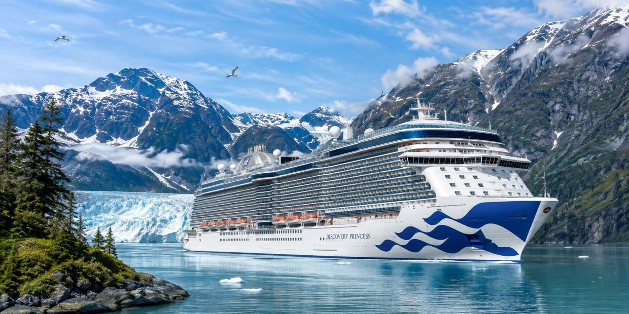 Cruise ship sailing near snowy mountains and glacier.