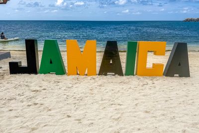 Colorful 'JAMAICA' letters on a sandy beach with the ocean in the background.