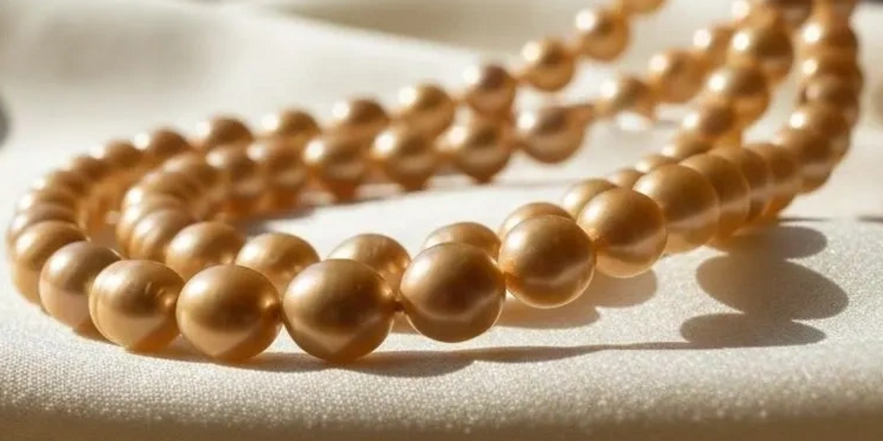 Close-up of a golden pearl necklace on a soft surface.