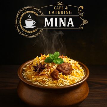 Steaming hot biryani served in a traditional clay pot from Mina Cafe & Catering.