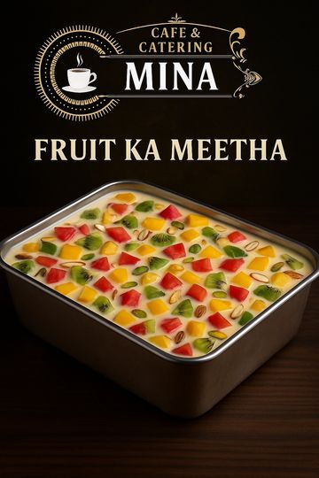 Colorful fruit custard in a metal tray from Mina Cafe & Catering.