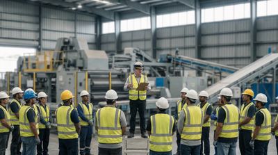 Construction workers in safety gear listening to a supervisor inside an industrial facility.