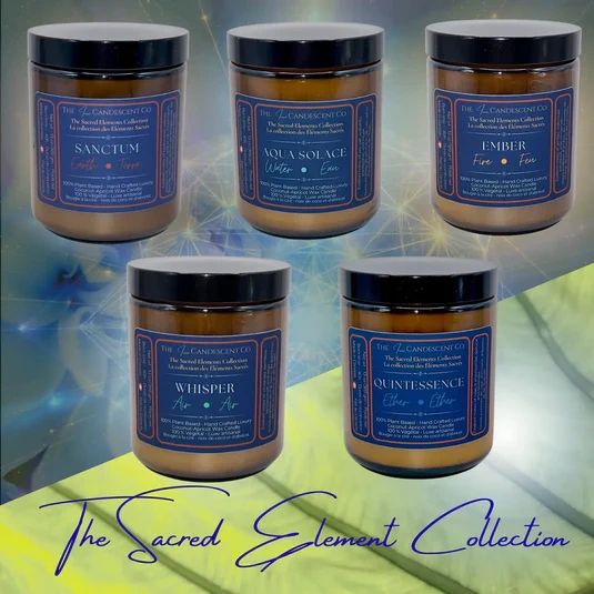 Five candles from The Sacred Element Collection by The Luminescent Co.