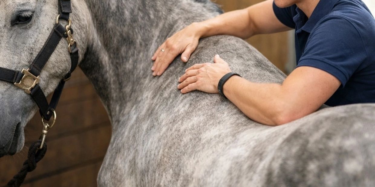 Person gently massages a gray horse's back in a stable.