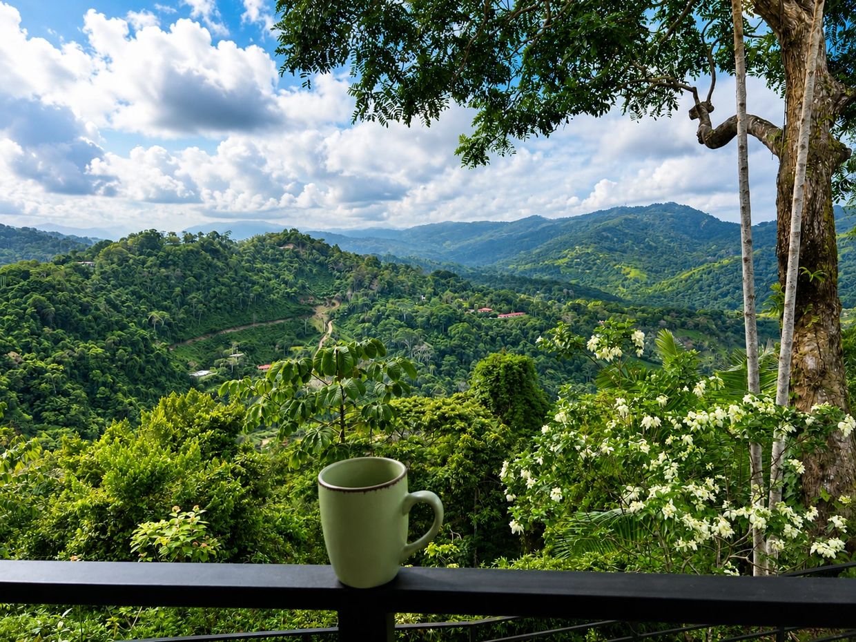 Green cup on railing with mountainous landscape.
