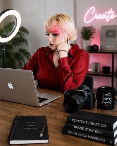 Woman working on a laptop with content creation tools.