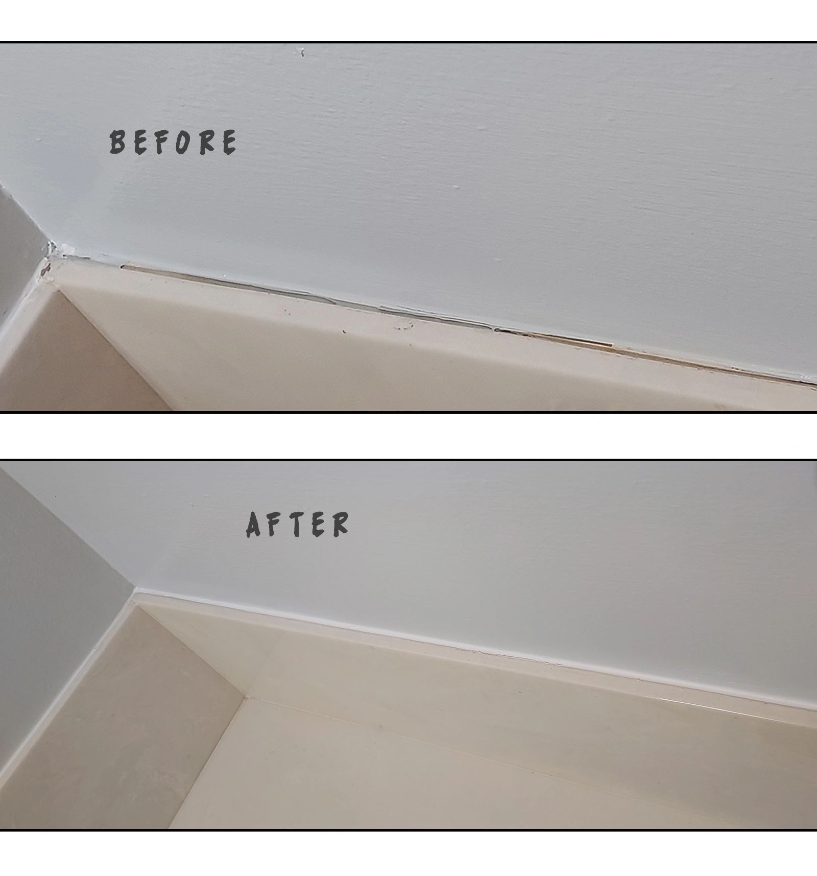 Before and after photos showing a clean, sealed corner trim in a bathroom.