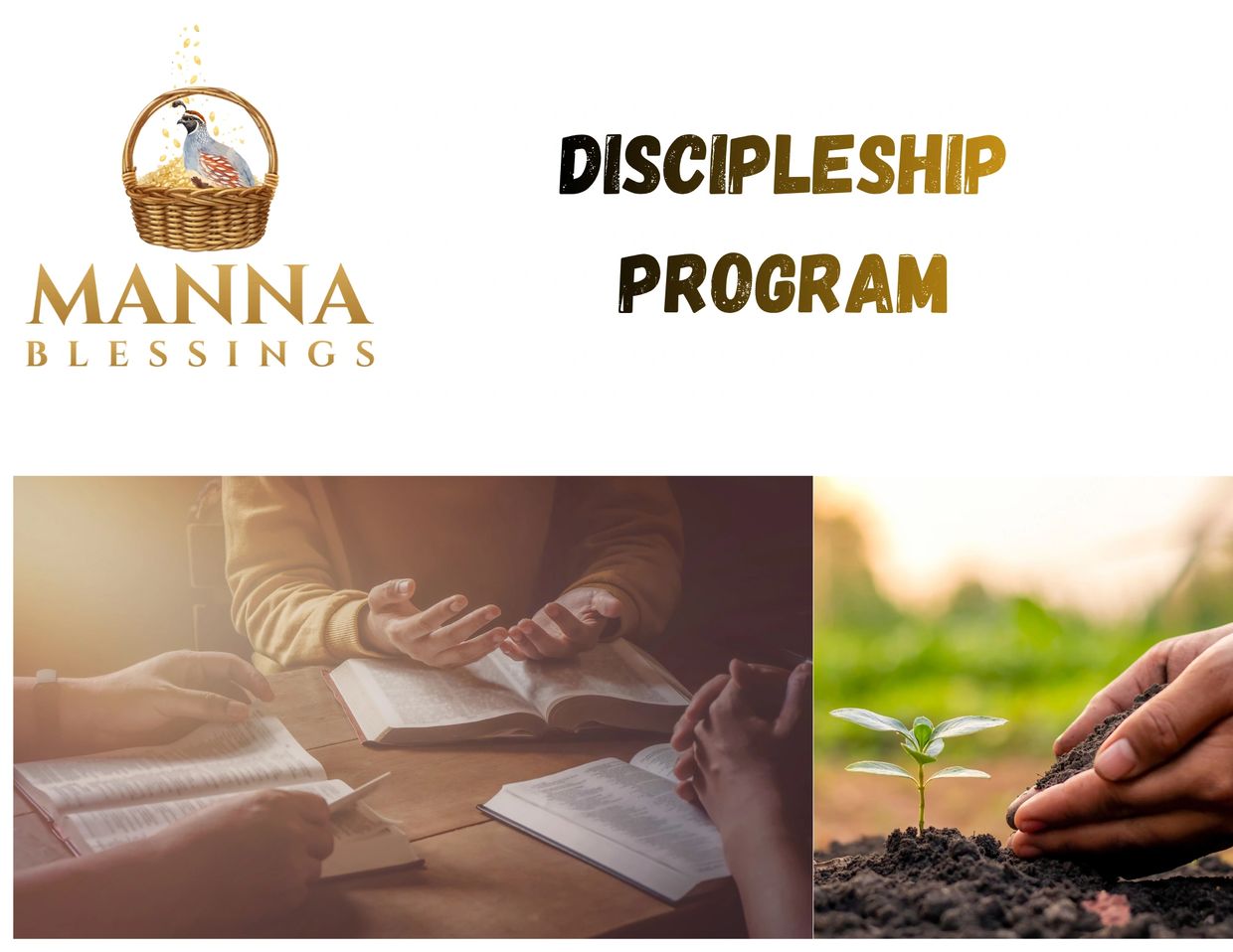 Manna Blessings Discipleship Program with Bible study and growth imagery.