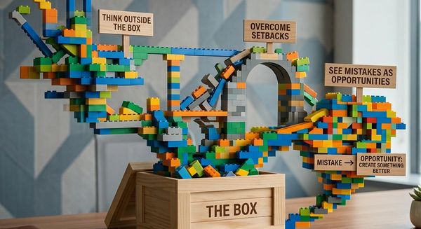 Colorful LEGO sculpture with motivational signs on a wooden box on a desk.