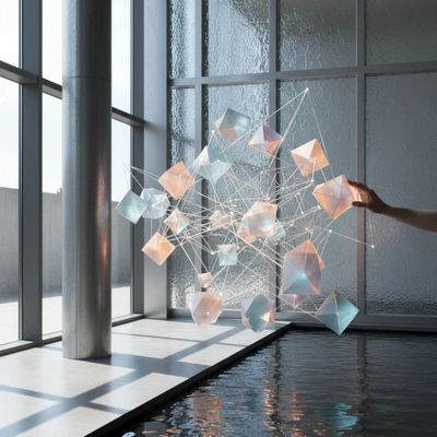 A hand interacts with a floating geometric light sculpture near a reflective pool.