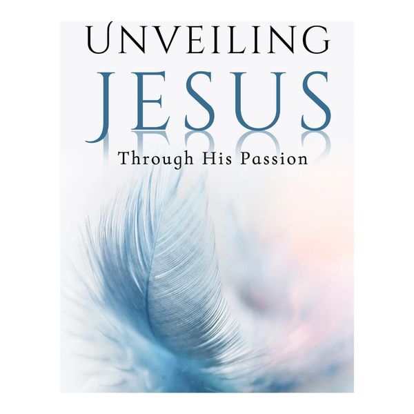 A feather amidst light white clouds. Book cover for Unveiling Jesus through His passion