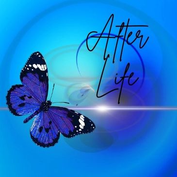 Afterlife podcast logo with blue butterfly
