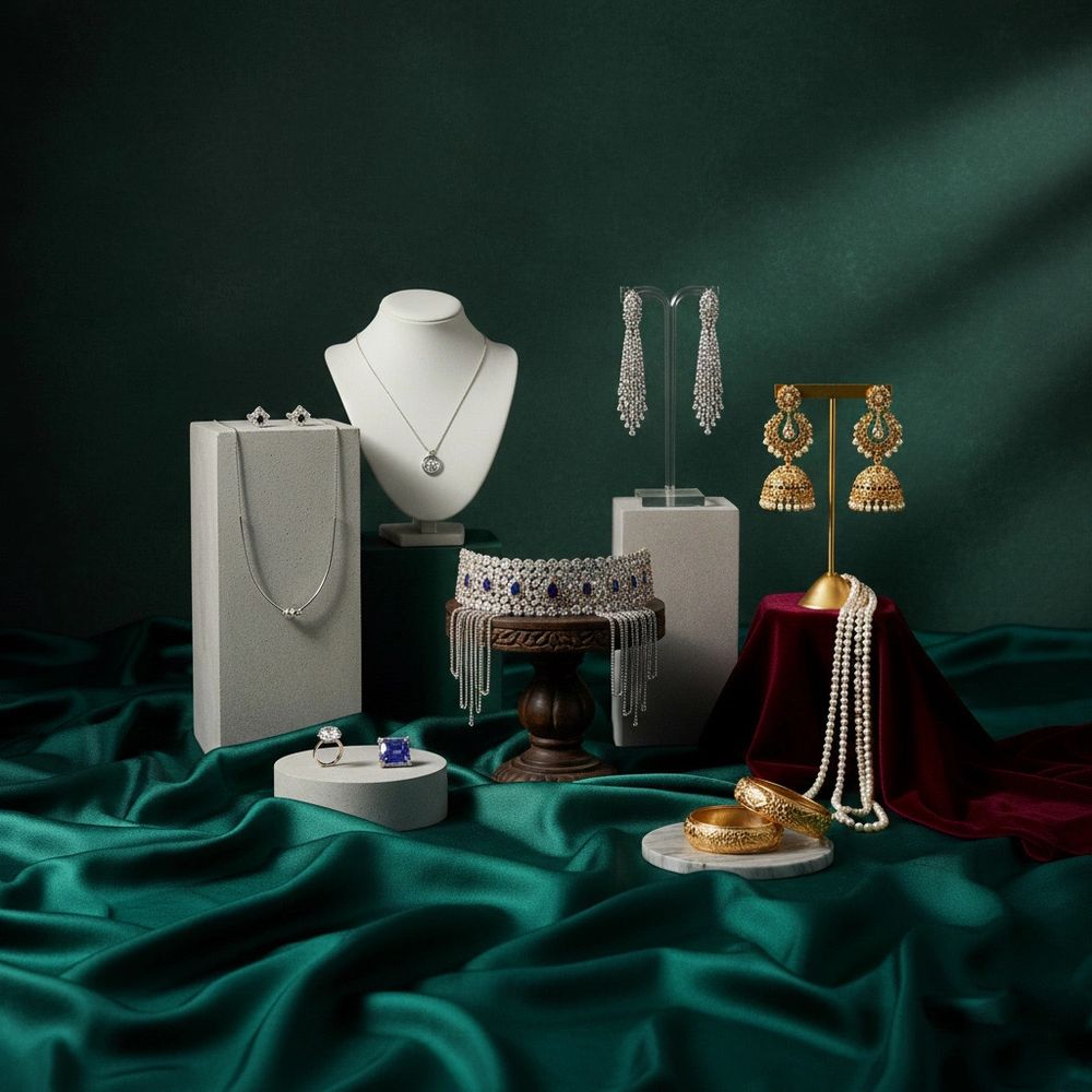 Elegant display of gold, pearl, and diamond jewelry on velvet and stone stands.