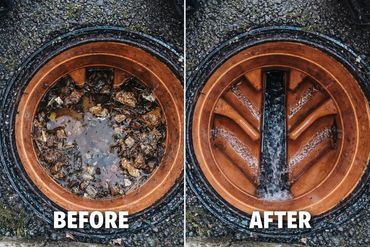 Before and after images of a cleaned drainage system filled with leaves and debris.