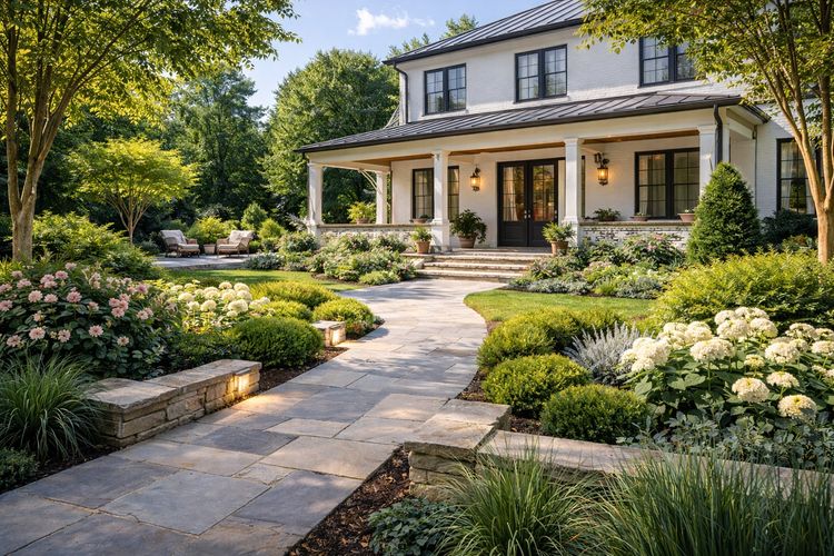 A modern Southern residence anchored by clean stonework and layered planting.